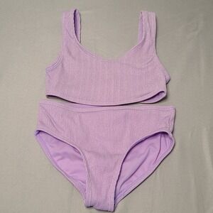 Sol Borne Bikini Swimsuit Kids Size 7/8‎ Purple Ribbed Metallic Shimmer 2pc Set